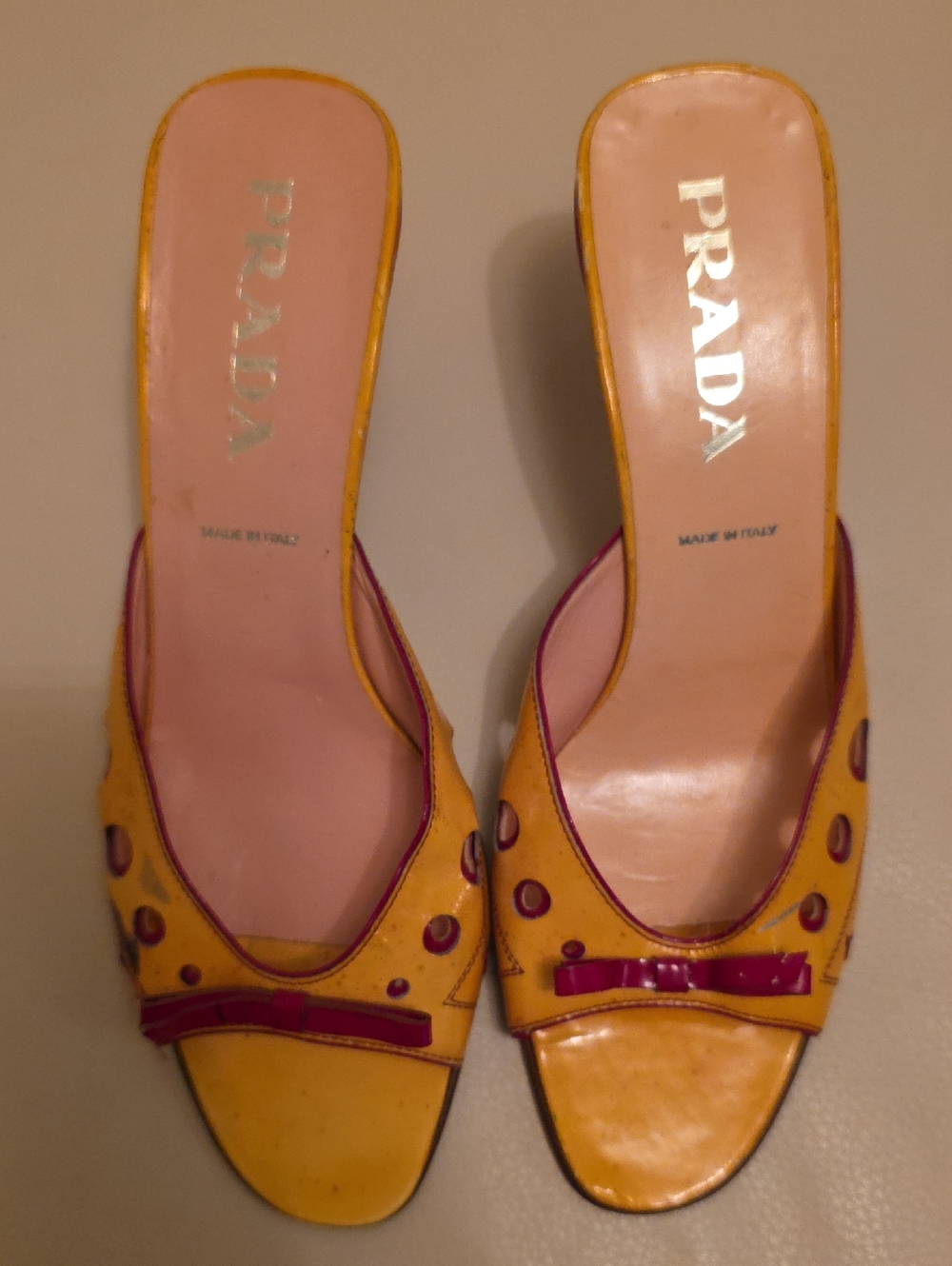 Prada Yellow Patent Leather Open-Toe Mules with Pink Insole and Maroon Trim